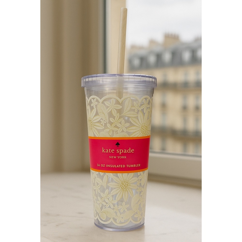 Kate Spade New York 20oz Insulated Tumbler Floral Lace Clear‎ Cup Straw NEW